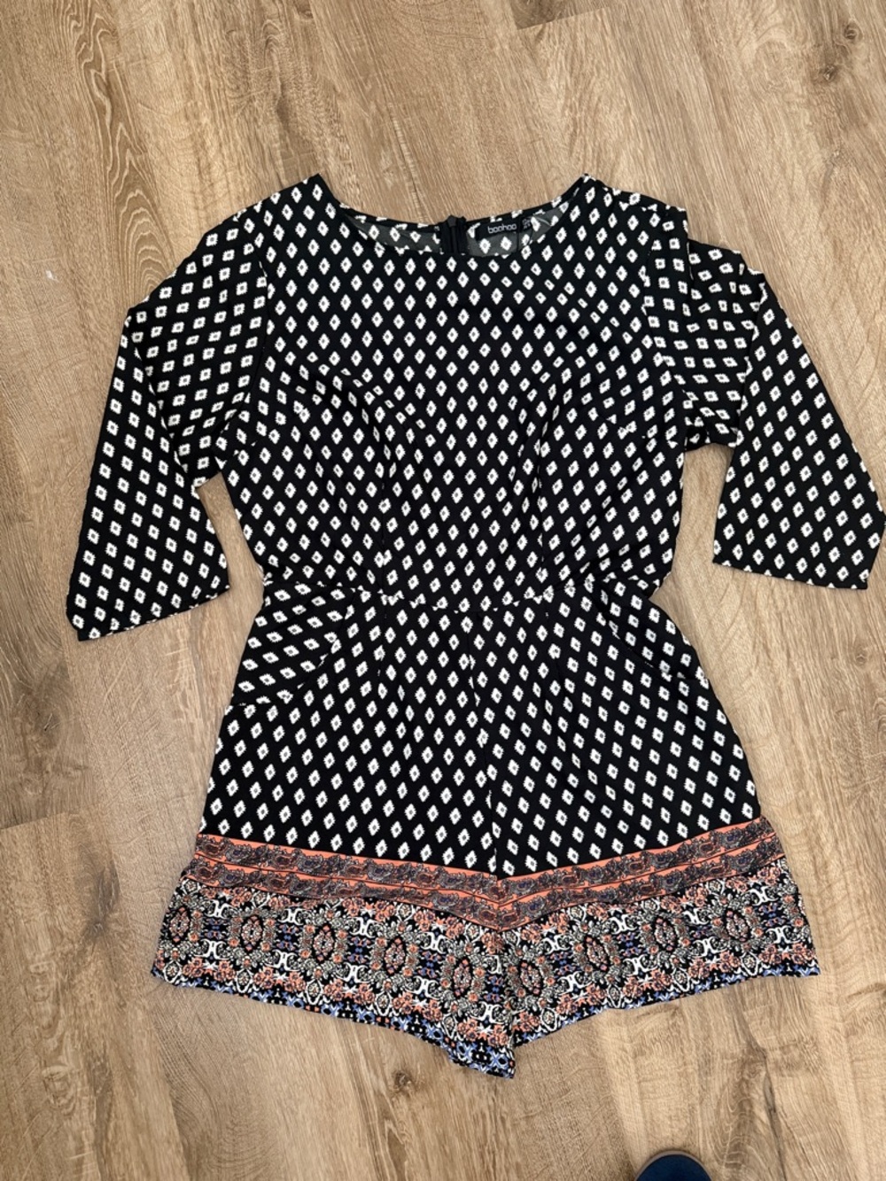 Boohoo Black & White Geometric Romper With Printed Hem